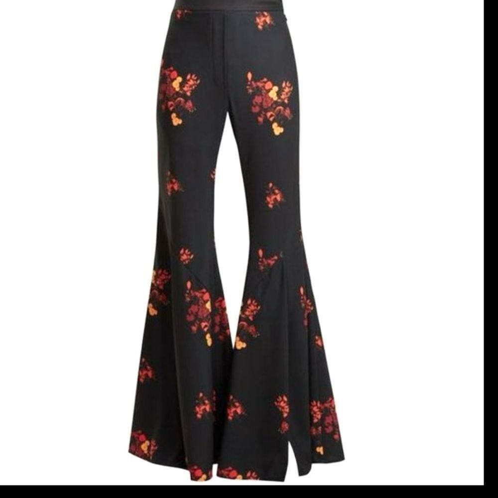 Ellery Floral Crepe Higher & Higher Front Slit Wide Leg Flared Trouser Black 28